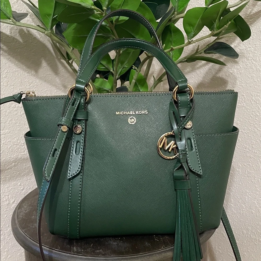 Michael Kors Sullivan Small Green Saffiano Leather Satchel with Tassel Charm